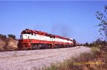 Frisco, SL-SF GP40-2s 753-750-768-772, just out of Cherokee yard and headed west at Tulsa, Oklahoma. August 23, 1980. 